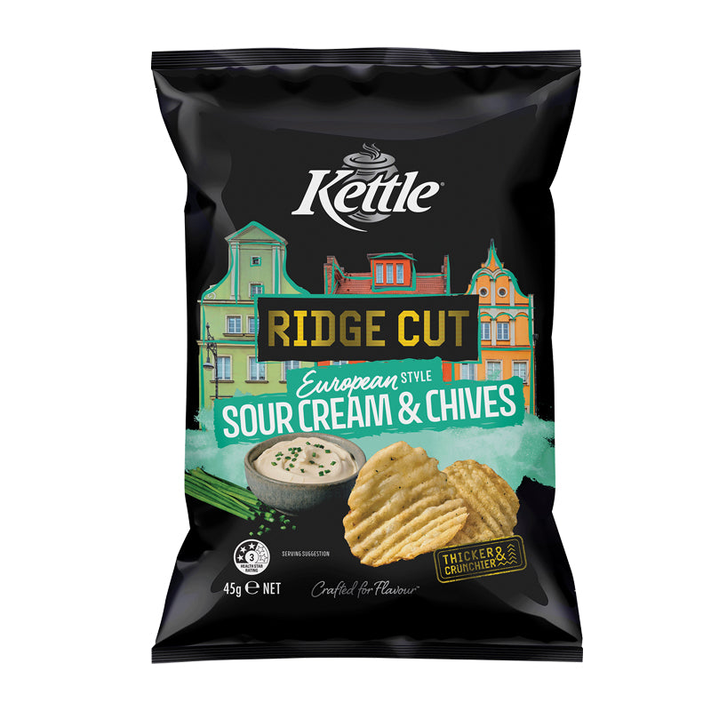 Kettle Ridge Cut European Sour Cream & Chives 45g x 18 (1 Box)